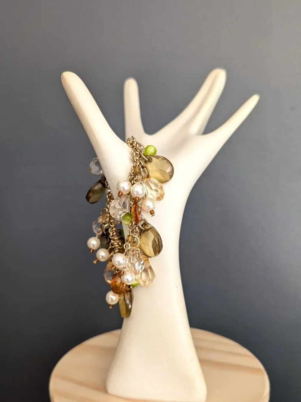 Pale green, orange, faux pearl stretch bracelet